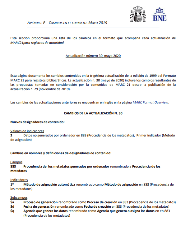 Actualización 30 Formato MARC 21 para Registros de Autoridad