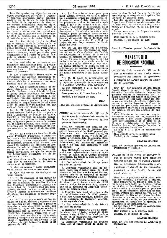 BOE Orden 1950 festividad San Benito archiveros, bibliotecarios y arqueólogos