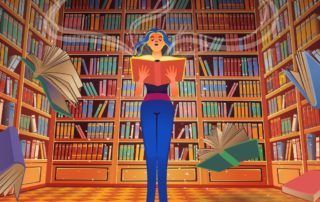 Biblioteca con libros voladores