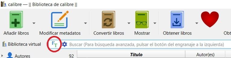 Botón FT Full Text en Calibre