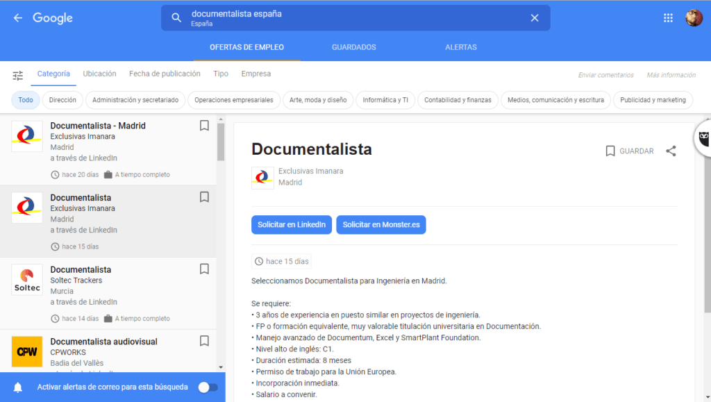 Buscador empleo Google documentalista