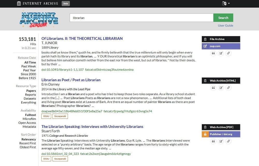 Búsqueda Librarian en Internet Archive Scholar