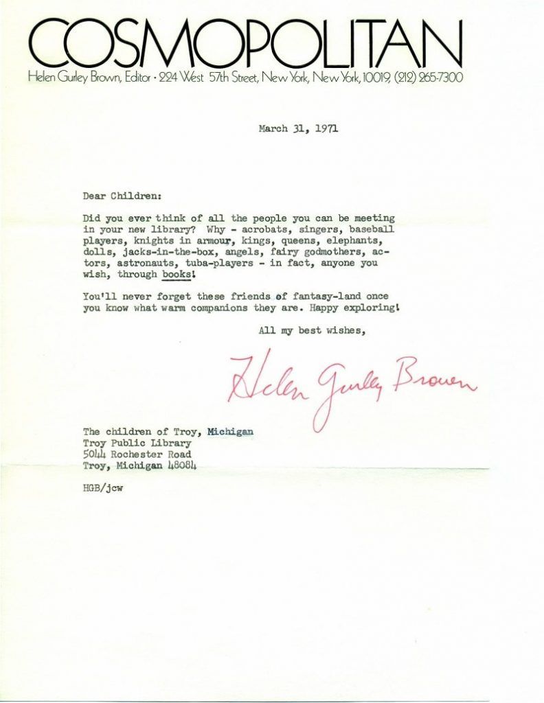 Carta biblioteca Helen Gurley
