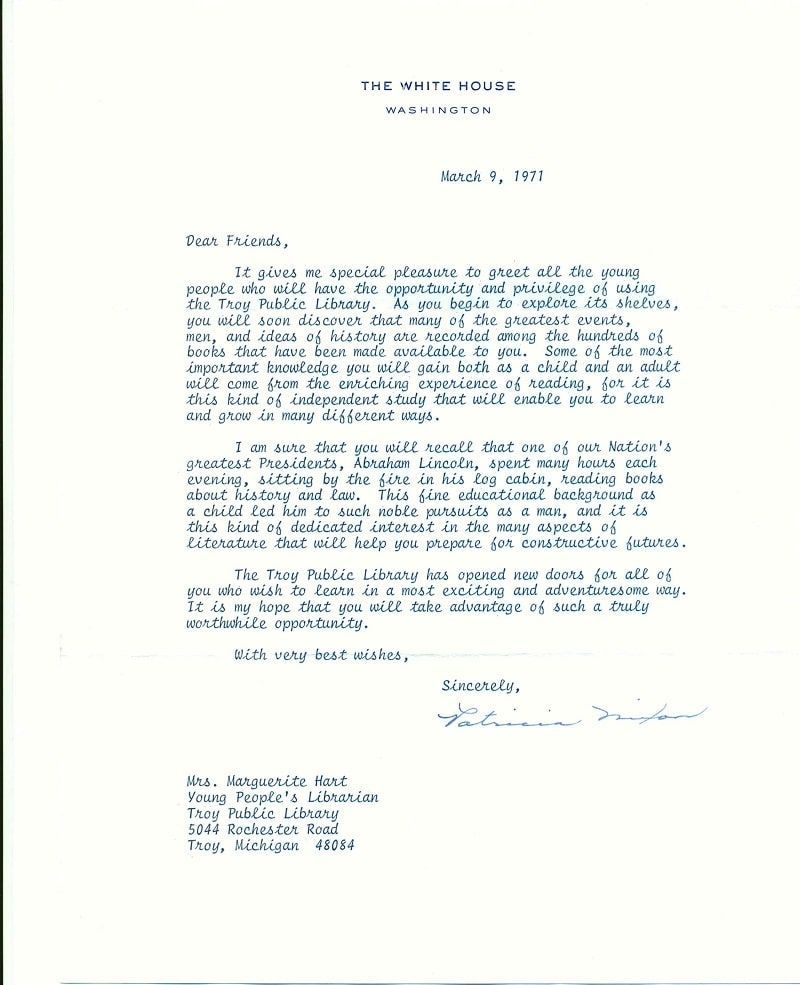 Carta biblioteca Pat Nixon
