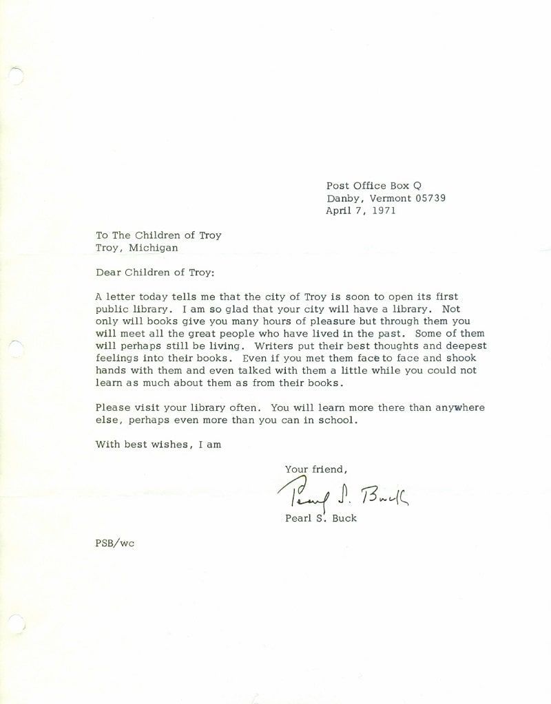 Carta biblioteca Pearl S. Buck