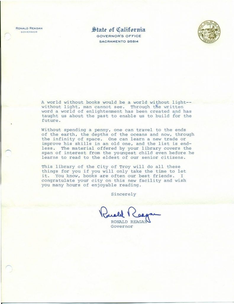 Carta biblioteca Ronald Reagan