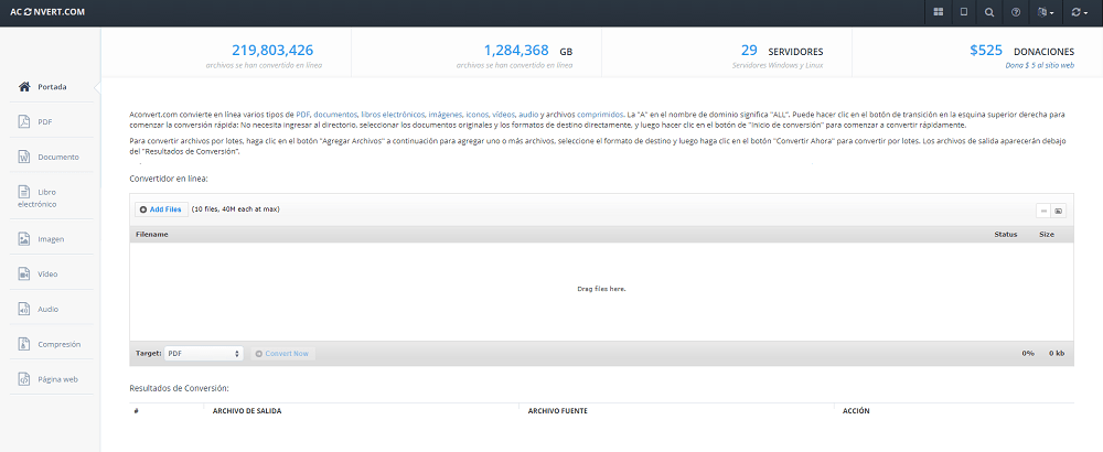 Conversor online de archivos Aconvert