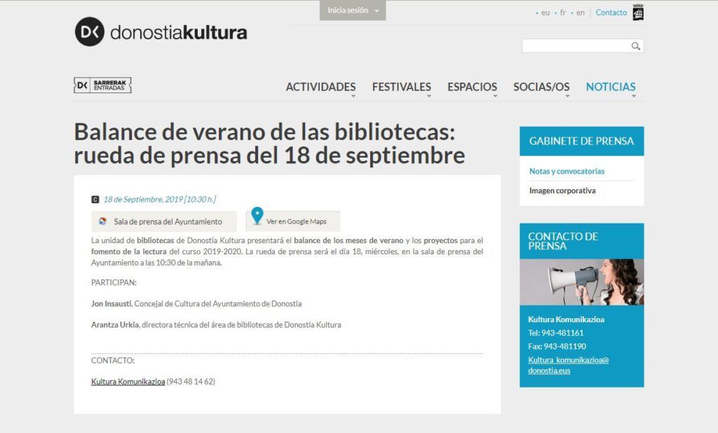 Convocatoria de prensa publicada en la página de Cultura del Ayuntamiento San Sebastián