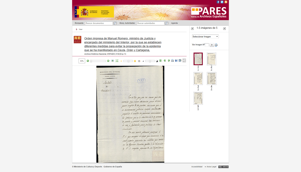 Diferentes medidas para evitar propagación epidemias en la España de 1810 presentes en el Portal de Archivos Españoles PARES
