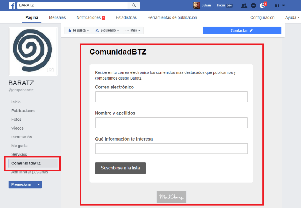 Formulario de MailChimp en Facebook de Baratz Formulario de MailChimp en Facebook de Baratz