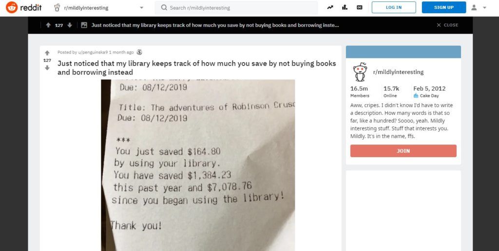 Hilo de Reddit: Just noticed that my library keeps track of how much you save by not buying books and borrowing instead.