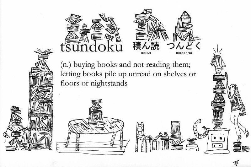 Ilustración tsundoku libros