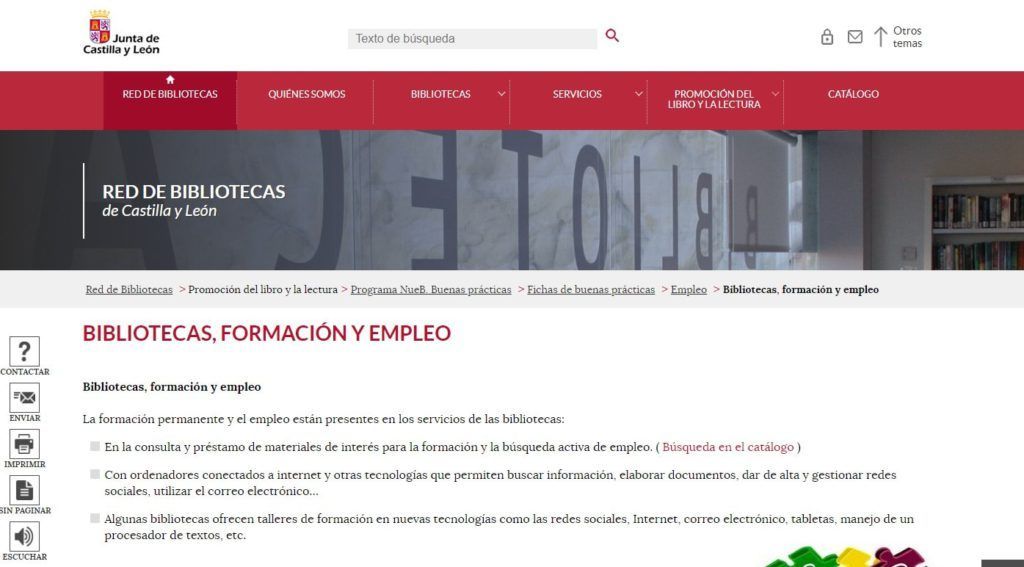 Información en la página web de la Red de Bibliotecas de Castilla y León: Bibliotecas, formación y empleo