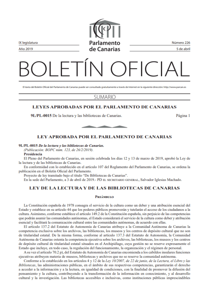 Ley de lectura y las bibliotecas de Canarias