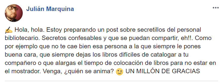 Llamamiento en Facebook sobre secretos bibliotecarios Llamamiento en Facebook sobre secretos bibliotecarios