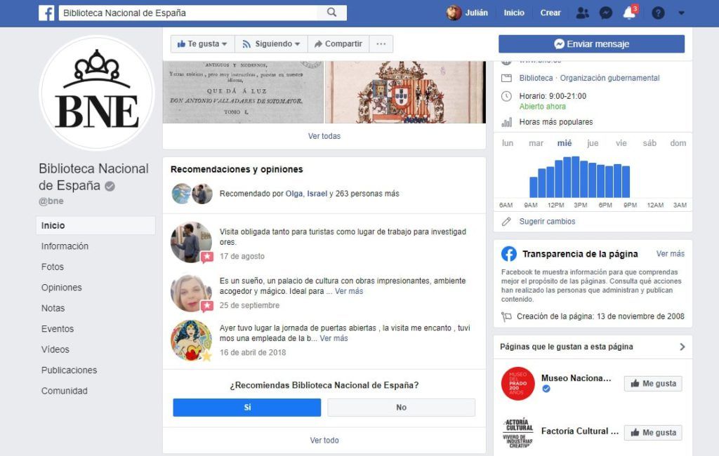 Recomendaciones y opiniones de personas realizadas sobre la página de Facebook de la Biblioteca Nacional de España