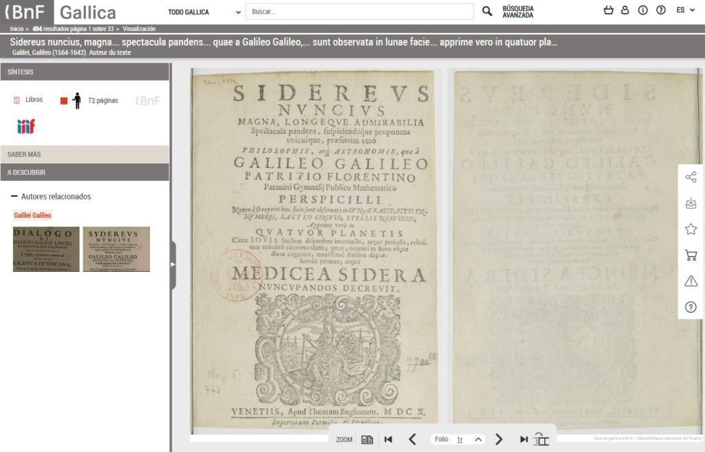 Sidereus Nuncius Magna BnF biblioteca digital Gallica