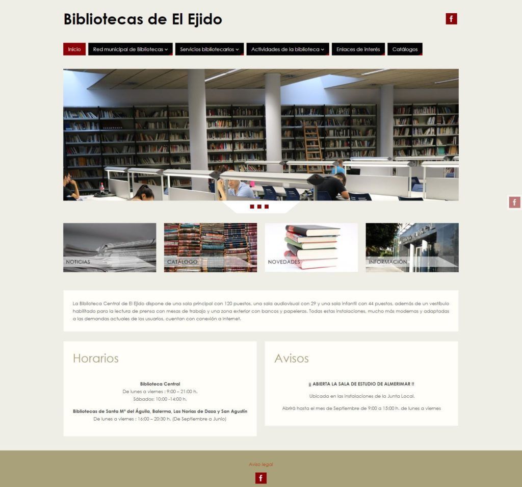 Visualización en pantalla del sitio web Bibliotecas de El Ejido