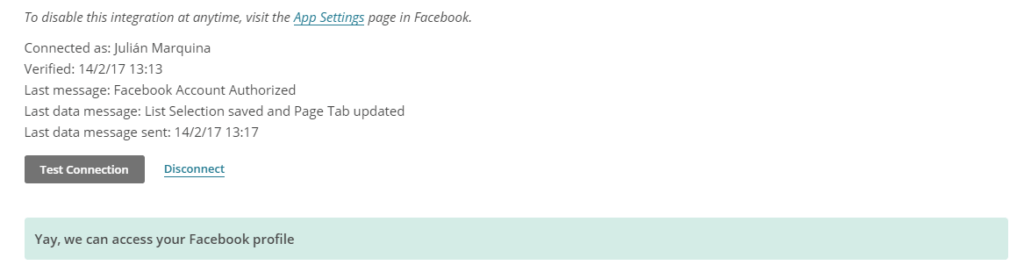 Test de conexión de Facebook en MailChimp Test de conexión de Facebook en MailChimp