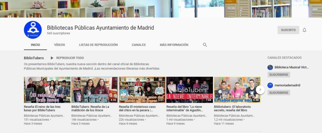 YouTube Bibliotecas Públicas Ayuntamiento de Madrid. BiblioTubers