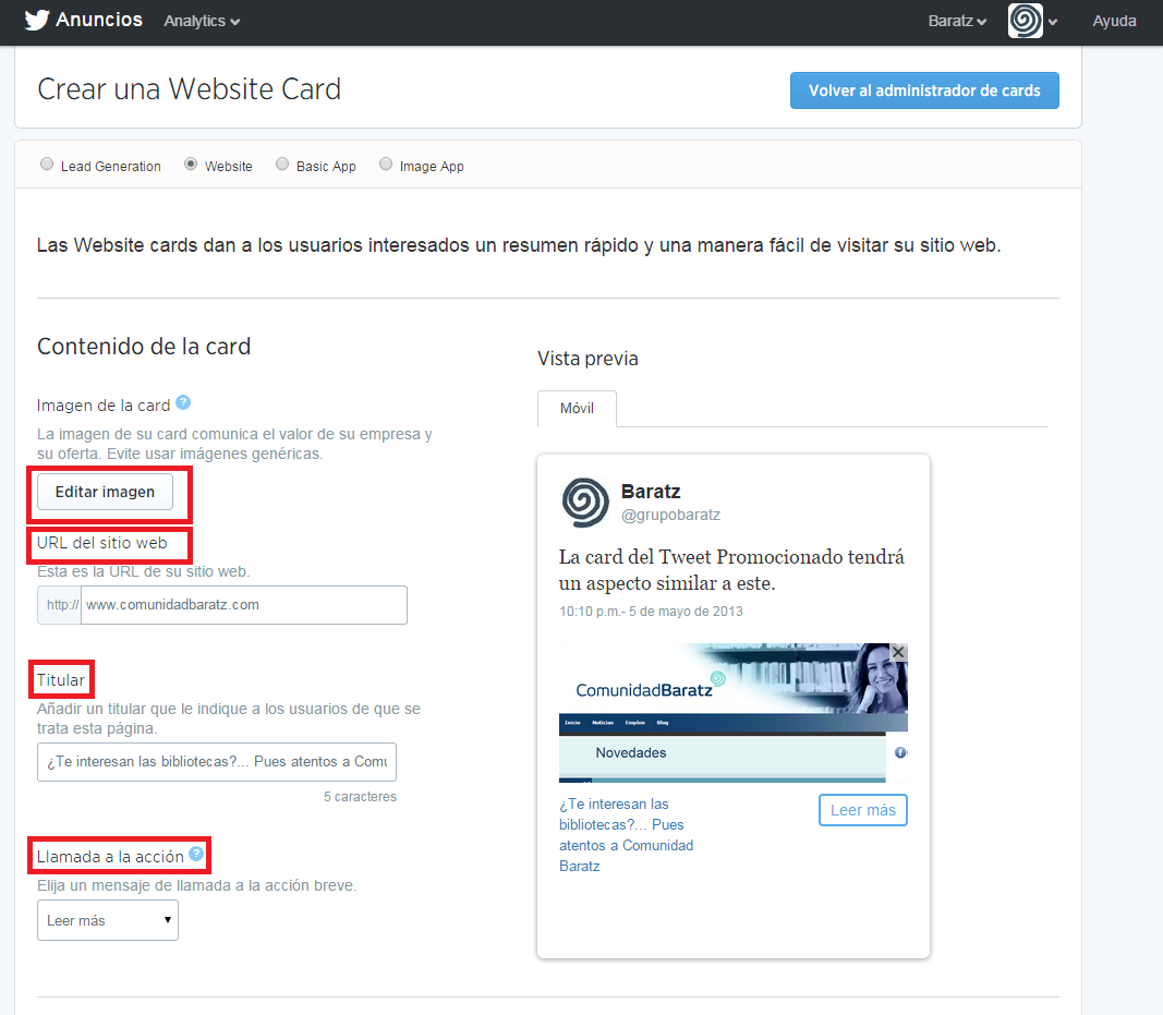 Creación website card